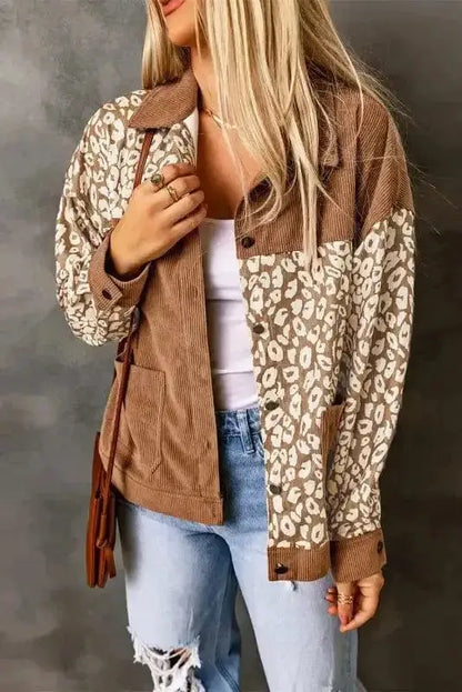 Brown Leopard Print Corduroy Jacket Women UK