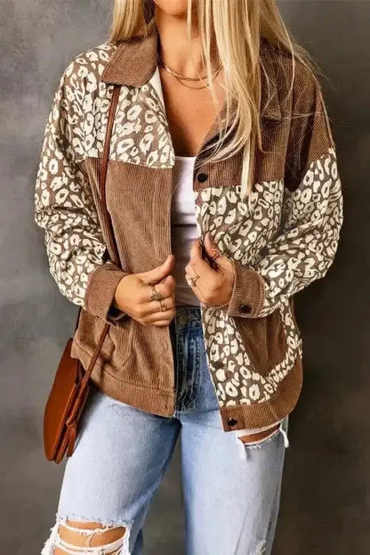 Brown Leopard Print Corduroy Jacket Women UK