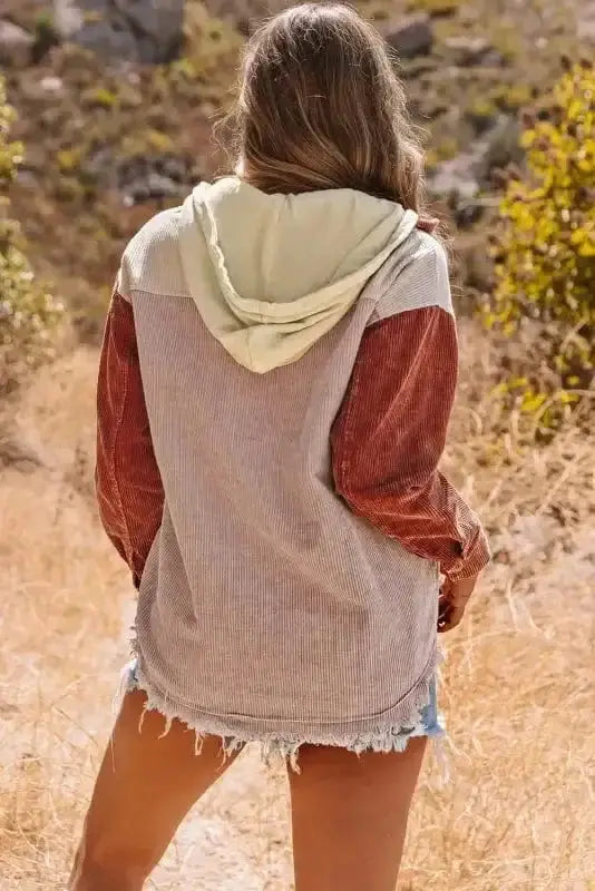 Color Block Hooded Corduroy Jacket Women UK
