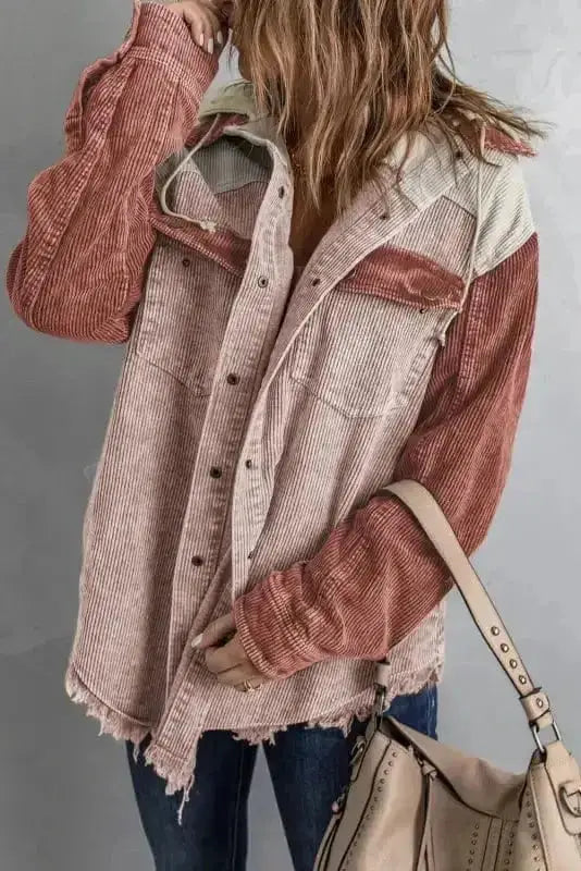 Color Block Hooded Corduroy Jacket Women UK