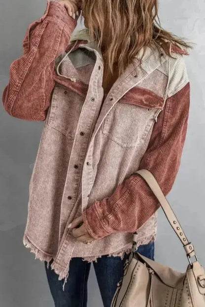 Color Block Hooded Corduroy Jacket Women UK