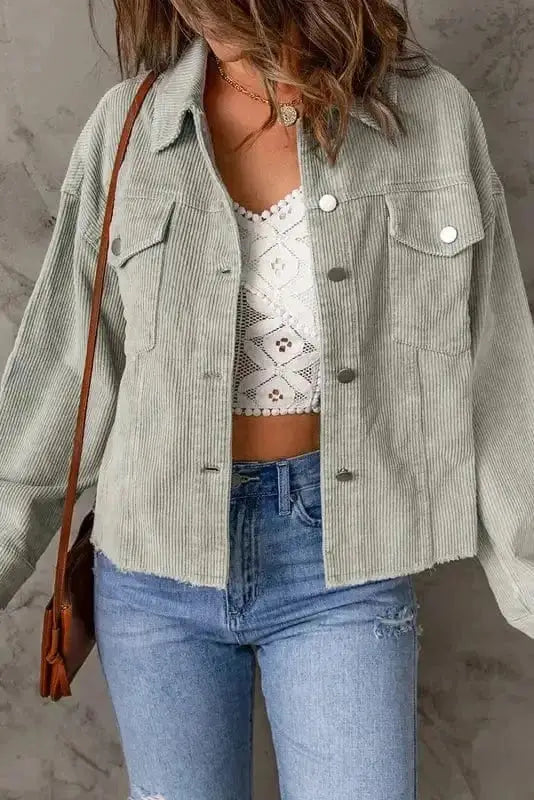 Sky Blue Raw Hem Cropped Corduroy Jacket Women UK