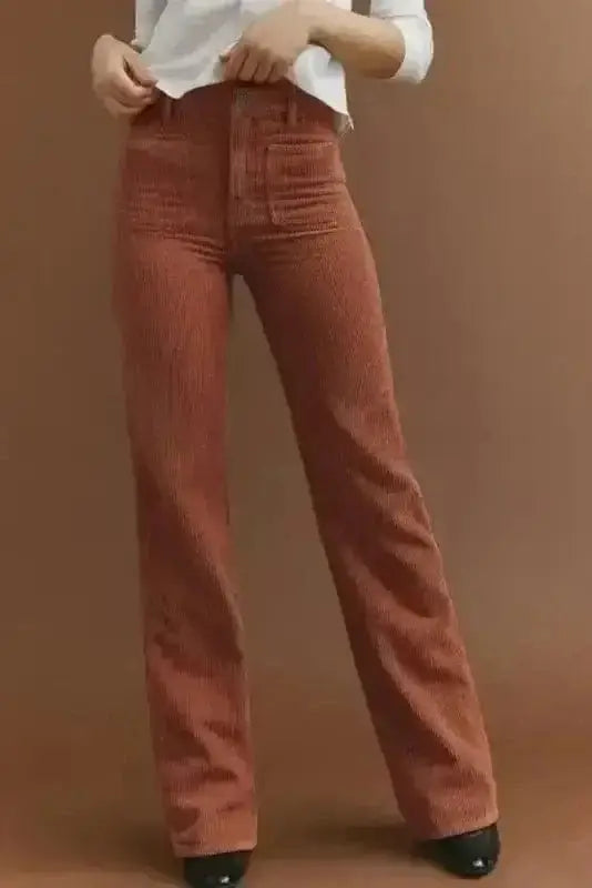 Corduroy High Waist Trousers with Patch Pockets