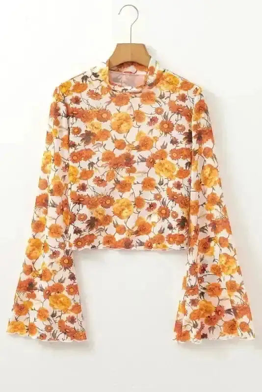 Floral Bell Sleeve Crop Top Women UK | Mock Neck Scallop