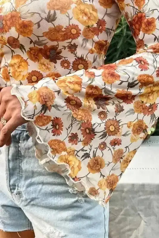 Floral Bell Sleeve Crop Top Women UK | Mock Neck Scallop