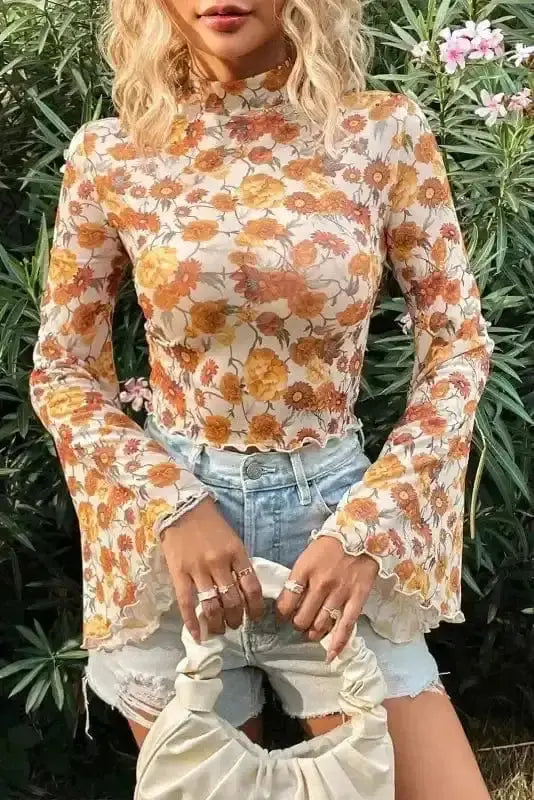 Floral Bell Sleeve Crop Top Women UK | Mock Neck Scallop