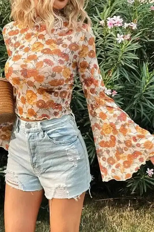 Floral Bell Sleeve Crop Top Women UK | Mock Neck Scallop