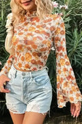 Floral Bell Sleeve Crop Top Women UK | Mock Neck Scallop