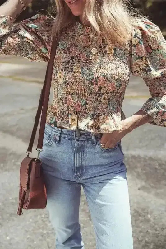 Floral Smocked Bubble Sleeve Crop Top Women UK | Spring