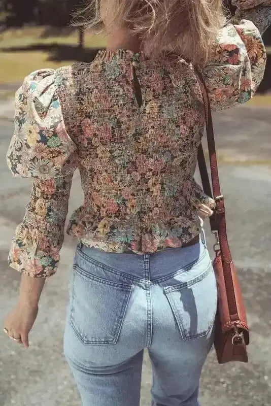 Floral Smocked Bubble Sleeve Crop Top Women UK | Spring