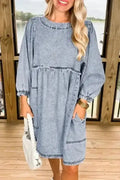 Blue Denim Puff Sleeve Mini Dress Women UK | Light Wash
