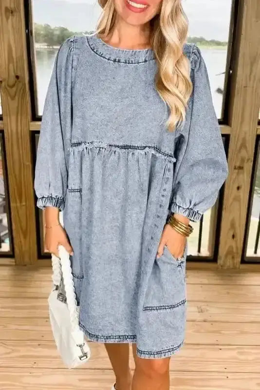 Blue Denim Puff Sleeve Mini Dress Women UK | Light Wash