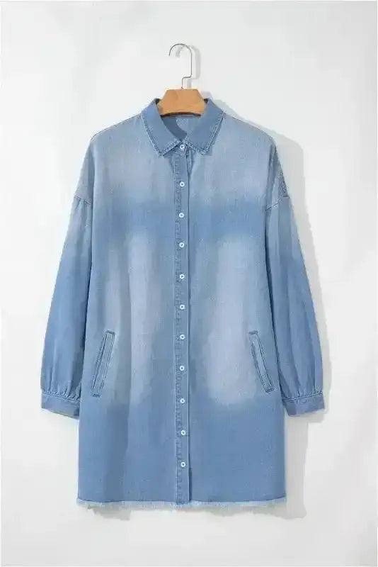Denim Tunic Shift Mini Dress Women UK | Frayed Hem Casual