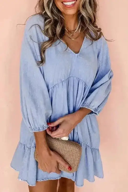 Chambray V-Neck Puff Sleeve Tiered Mini Dress Women UK