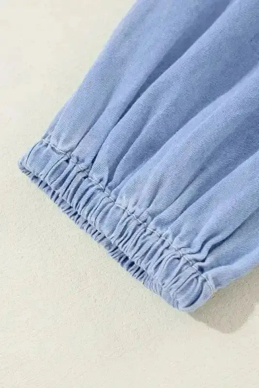 Chambray V-Neck Puff Sleeve Tiered Mini Dress Women UK
