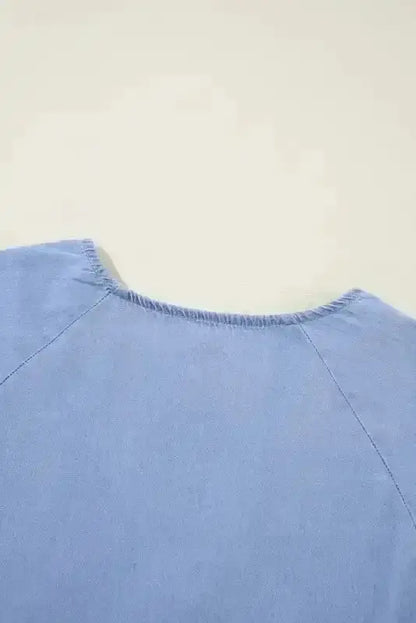 Chambray V-Neck Puff Sleeve Tiered Mini Dress Women UK