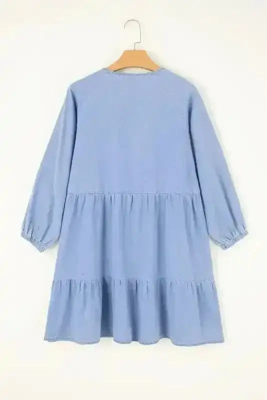 Chambray V-Neck Puff Sleeve Tiered Mini Dress Women UK