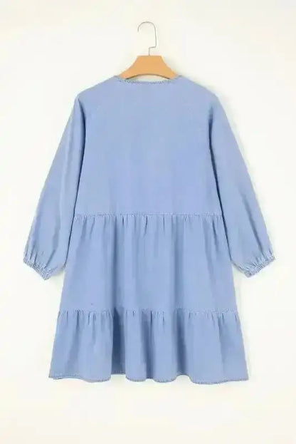 Chambray V-Neck Puff Sleeve Tiered Mini Dress Women UK