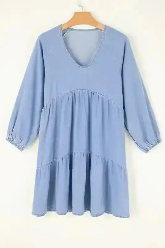 Chambray V-Neck Puff Sleeve Tiered Mini Dress Women UK