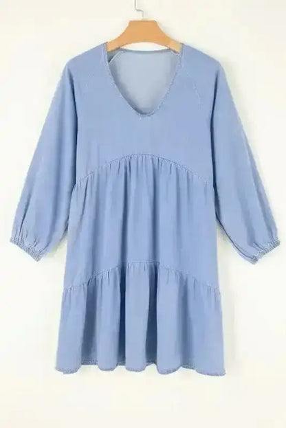 Chambray V-Neck Puff Sleeve Tiered Mini Dress Women UK