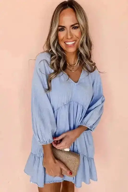 Chambray V-Neck Puff Sleeve Tiered Mini Dress Women UK