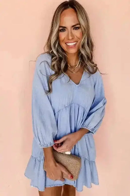 Chambray V-Neck Puff Sleeve Tiered Mini Dress Women UK