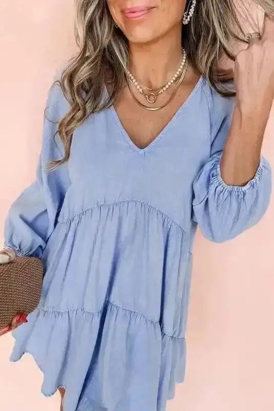 Chambray V-Neck Puff Sleeve Tiered Mini Dress Women UK