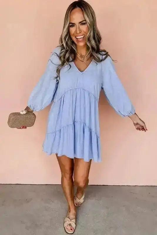 Chambray V-Neck Puff Sleeve Tiered Mini Dress Women UK
