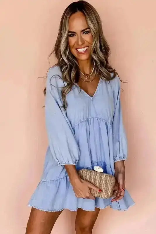 Chambray V-Neck Puff Sleeve Tiered Mini Dress Women UK