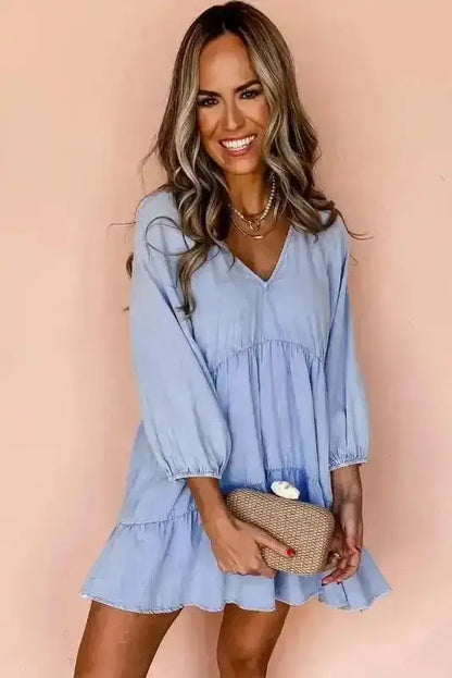 Chambray V-Neck Puff Sleeve Tiered Mini Dress Women UK
