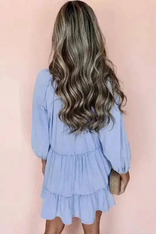 Chambray V-Neck Puff Sleeve Tiered Mini Dress Women UK