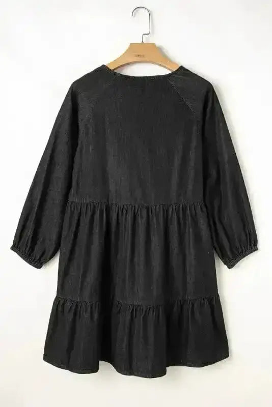 Chambray V-Neck Puff Sleeve Tiered Mini Dress Women UK