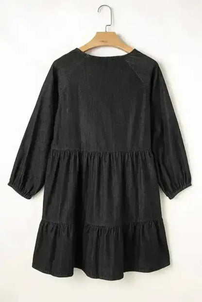 Chambray V-Neck Puff Sleeve Tiered Mini Dress Women UK