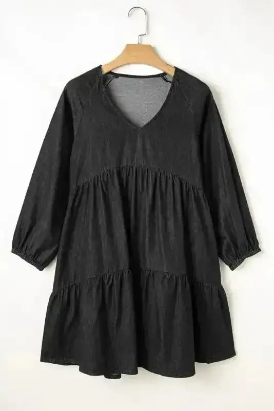 Chambray V-Neck Puff Sleeve Tiered Mini Dress Women UK