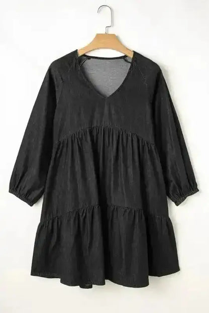 Chambray V-Neck Puff Sleeve Tiered Mini Dress Women UK