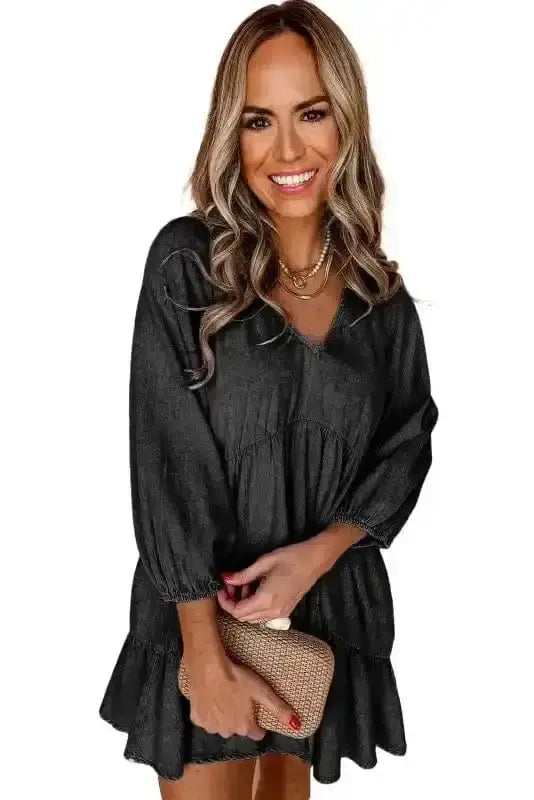 Chambray V-Neck Puff Sleeve Tiered Mini Dress Women UK