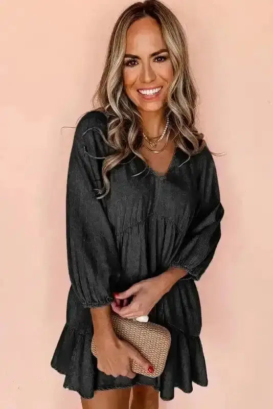 Chambray V-Neck Puff Sleeve Tiered Mini Dress Women UK