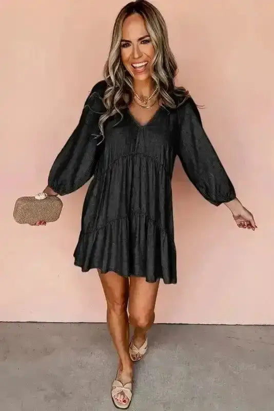 Chambray V-Neck Puff Sleeve Tiered Mini Dress Women UK