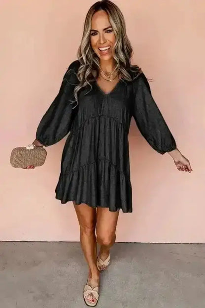 Chambray V-Neck Puff Sleeve Tiered Mini Dress Women UK