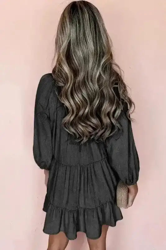 Chambray V-Neck Puff Sleeve Tiered Mini Dress Women UK