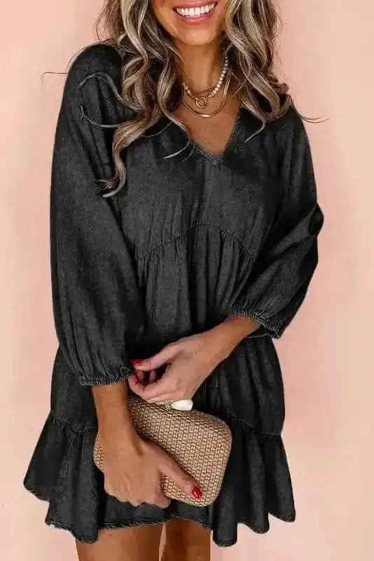 Chambray V-Neck Puff Sleeve Tiered Mini Dress Women UK