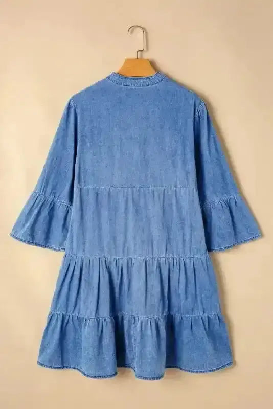 Sky Blue Denim Tiered Rick Rack Mini Dress Women UK | Chambray