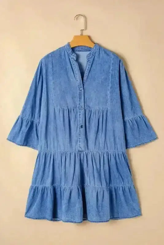 Sky Blue Denim Tiered Rick Rack Mini Dress Women UK | Chambray