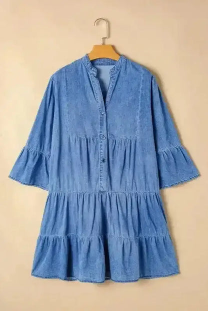 Sky Blue Denim Tiered Rick Rack Mini Dress Women UK | Chambray