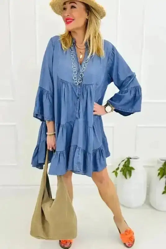 Sky Blue Denim Tiered Rick Rack Mini Dress Women UK | Chambray