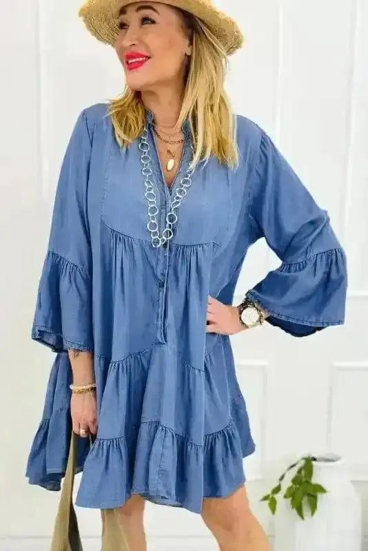 Sky Blue Denim Tiered Rick Rack Mini Dress Women UK | Chambray