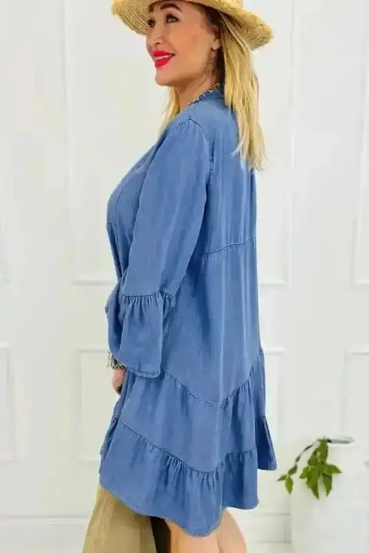 Sky Blue Denim Tiered Rick Rack Mini Dress Women UK | Chambray
