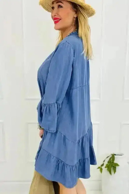 Sky Blue Denim Tiered Rick Rack Mini Dress Women UK | Chambray