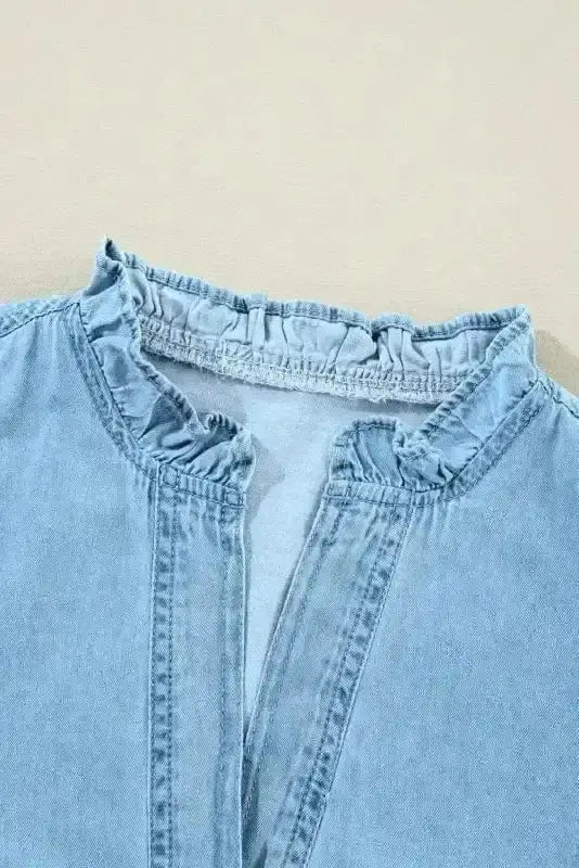 Washed Blue Denim Ruffle Shift Mini Dress Women UK | Casual