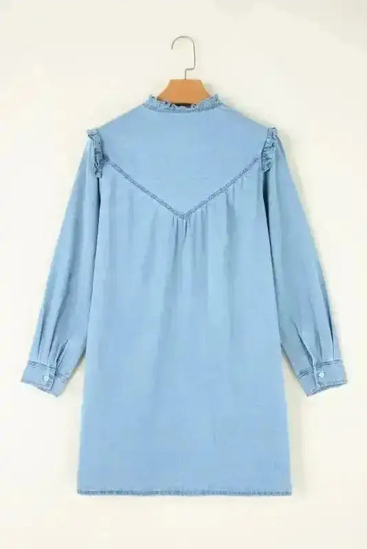 Washed Blue Denim Ruffle Shift Mini Dress Women UK | Casual